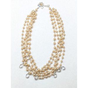Carolee Faux Pearl Bead Multi Strand Layered Clear Faceted Teardrop Necklace